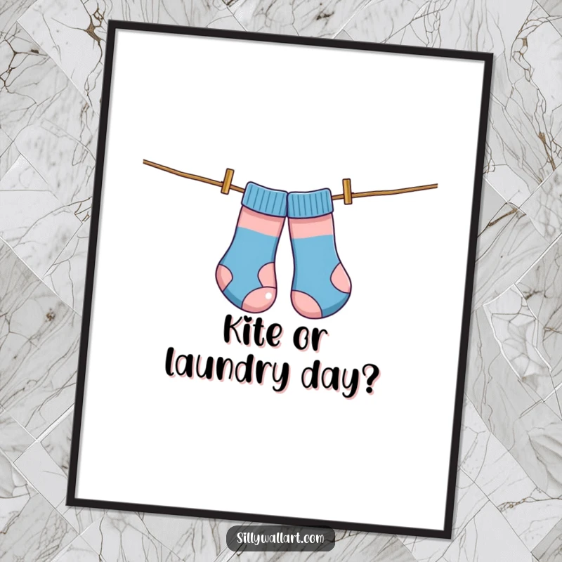 Funny free printable wall art featuring a pair of socks delightfully tangled on a clothesline, flying high like a kite.