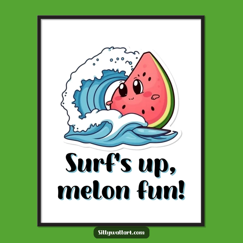 Funny Free Printable Wall Art: Surfing Watermelon with Googly Eyes - Downloadable!