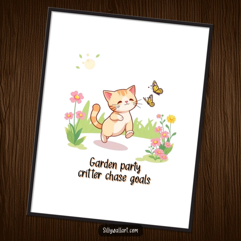 Funny Free Printable Wall Art: A cat gleefully chases a butterfly in a sunny, vibrant garden, adding a splash of humor.