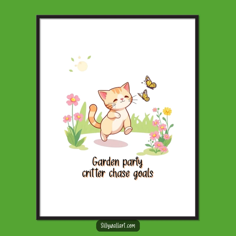 Funny Free Printable Wall Art: Cat Chasing Butterfly, Quirky Downloadable Home Decor