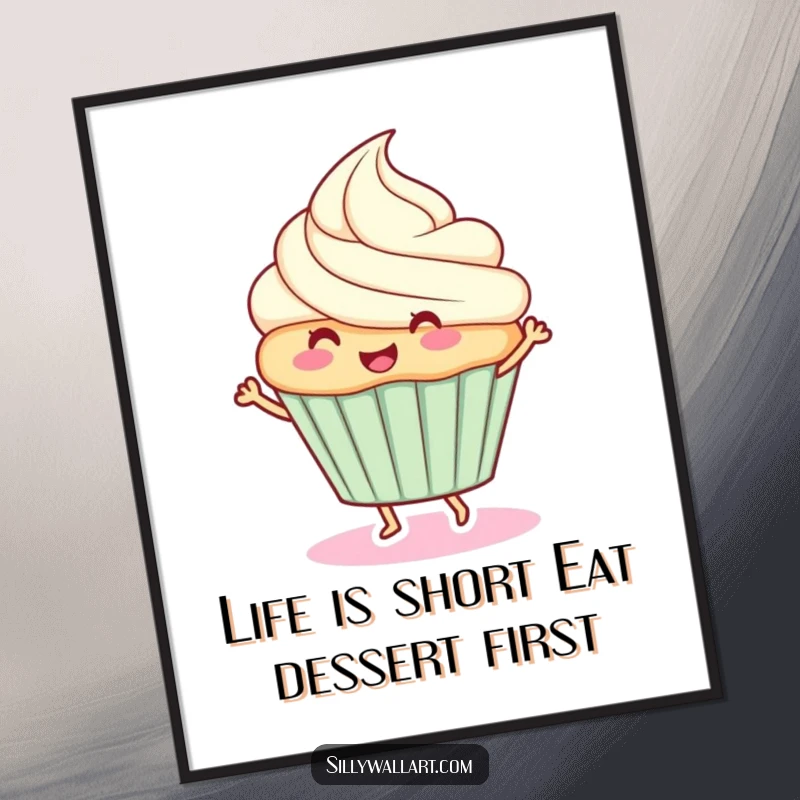 Funny Free Printable Wall Art: A happy cupcake enthusiastically doing a little dance, adding a playful vibe to the space.