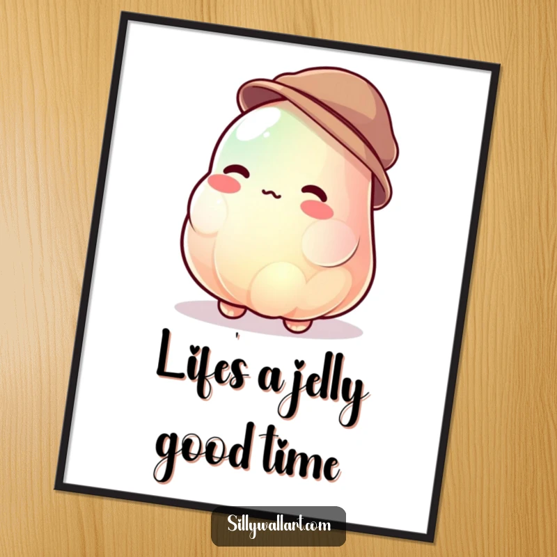 Funny Free Printable Wall Art: A jelly blob jiggling uncontrollably while hilariously attempting to wear a tiny hat.