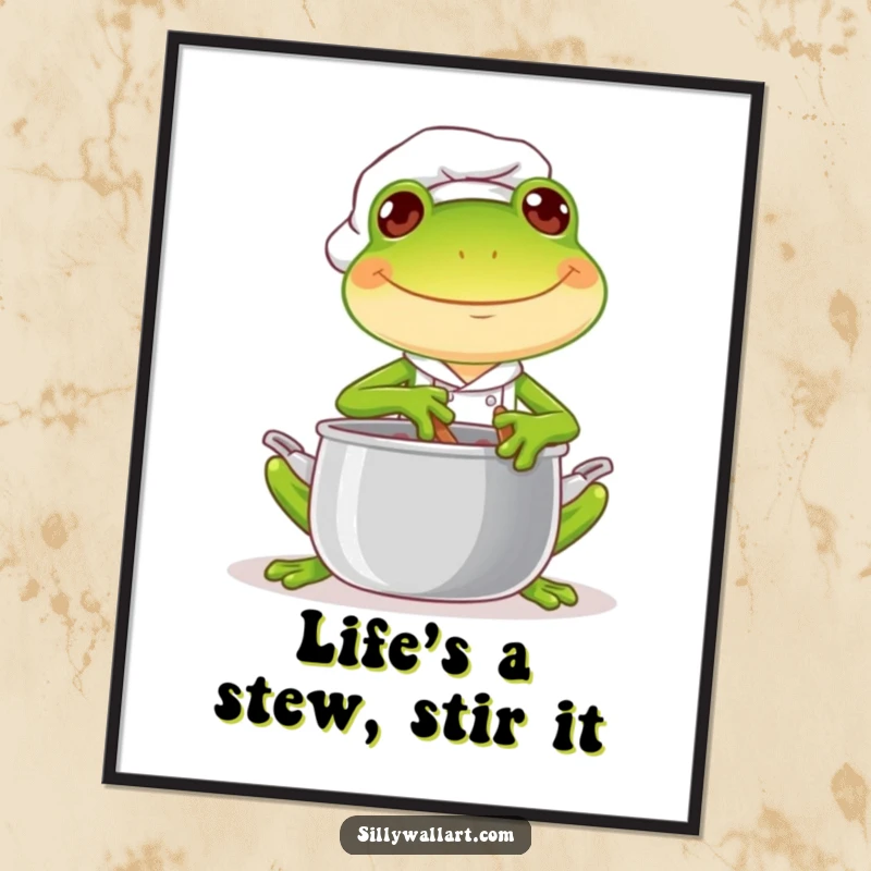 Funny Free Printable Wall Art of a joyful frog chef cheerfully stirring a pot with a mischievous glint, adding fun decor.
