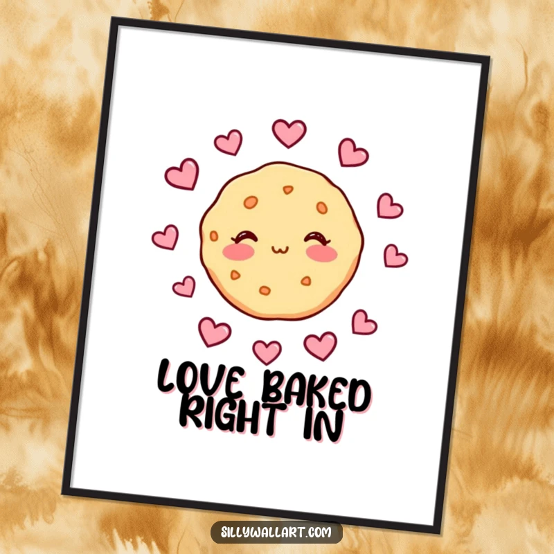 Funny Free Printable Wall Art: A charming cookie character blushes adorably, with small heart shapes gently floating around it, creating a romantic feel.