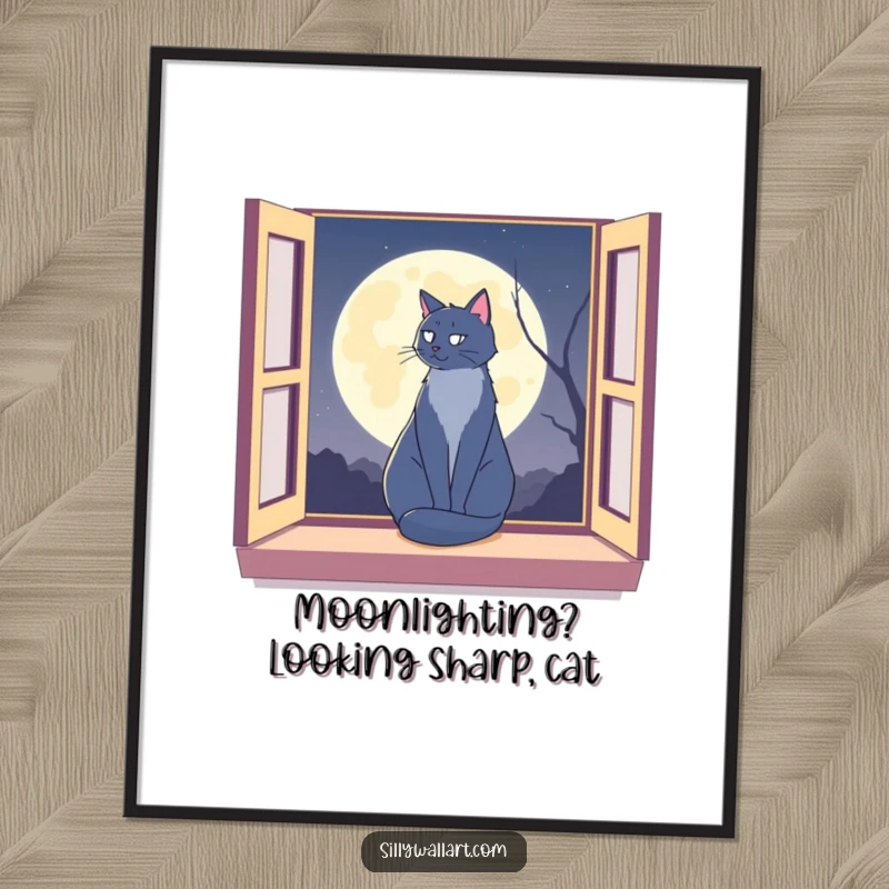 Funny Free Printable Wall Art: cat silhouetted against the moon on a window sill, evoking a serene, humorous mood.