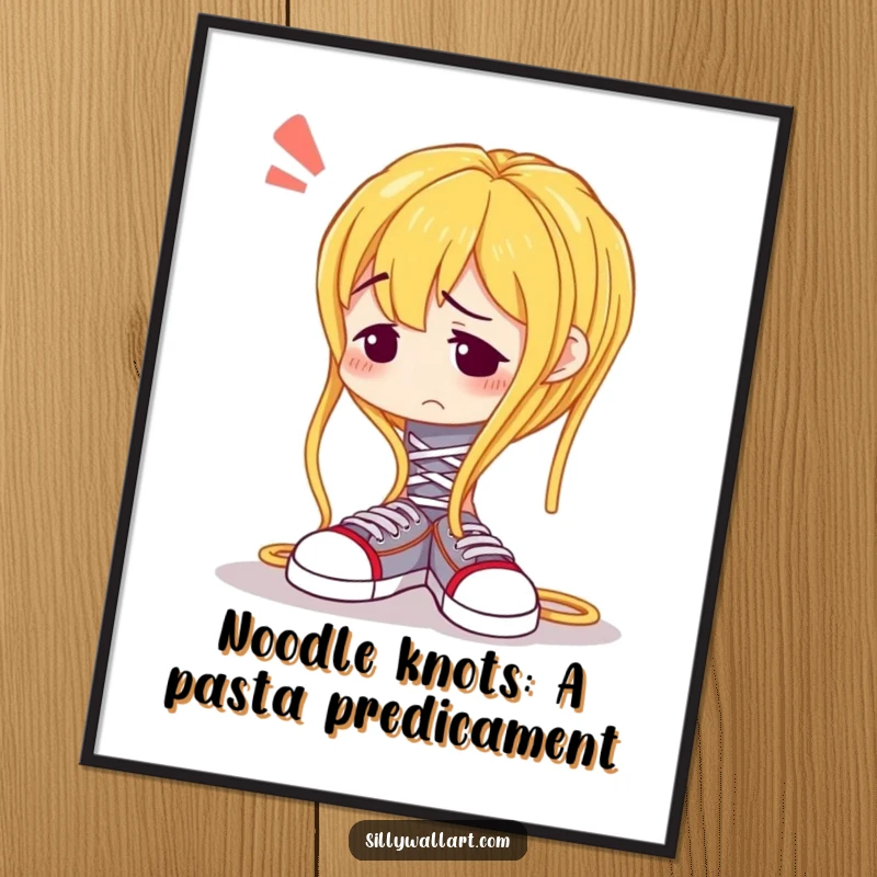 Funny Free Printable Wall Art: A spaghetti noodle is hilariously confused trying to tie its shoelaces, adding quirk.
