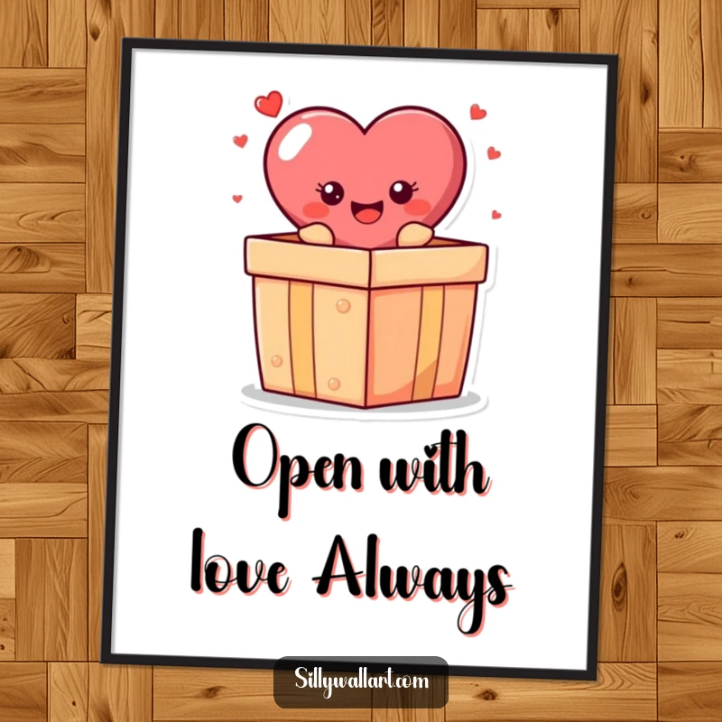 Funny Free Printable Wall Art: A cheerful heart character bursting out of a giant gift box, spreading love and cheer.