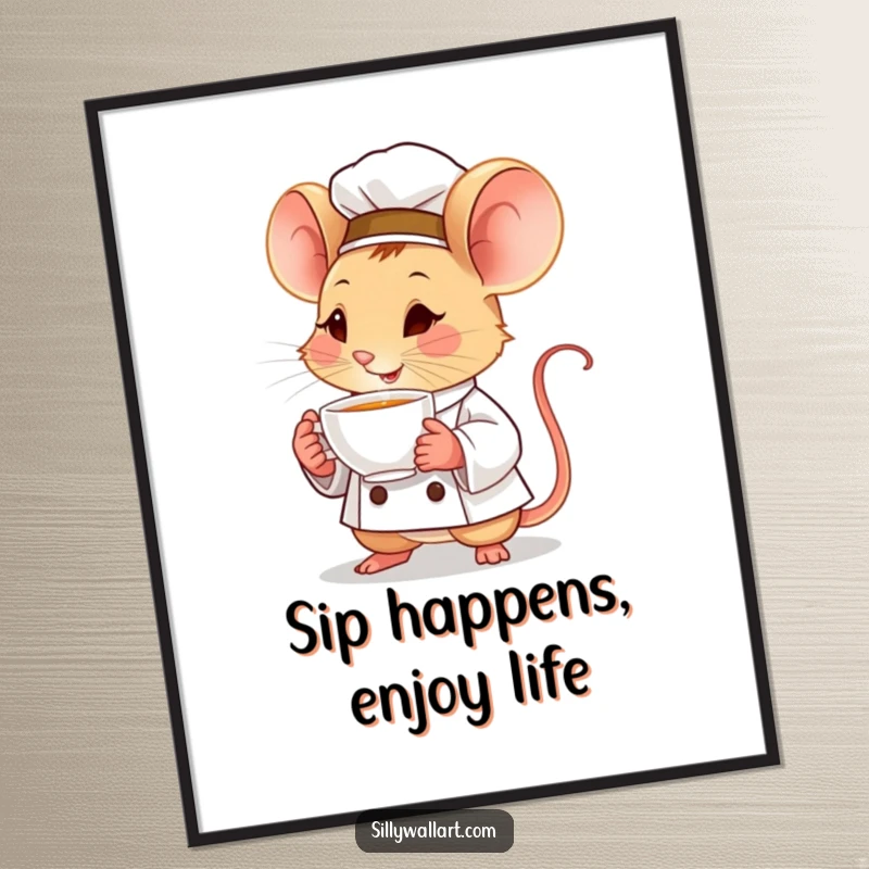 Funny Free Printable Wall Art of a determined mouse chef proudly holding a tiny, steaming teacup, adding cozy charm.