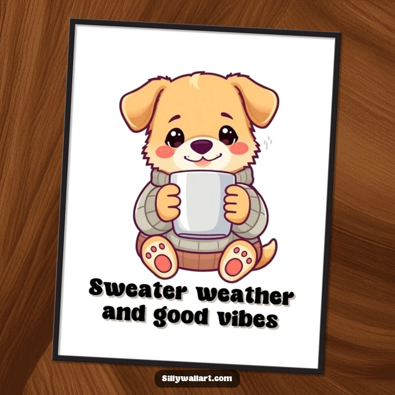 Funny Free Printable Wall Art: A dog in a snug sweater holds a steaming mug, creating a cozy and humorous scene.