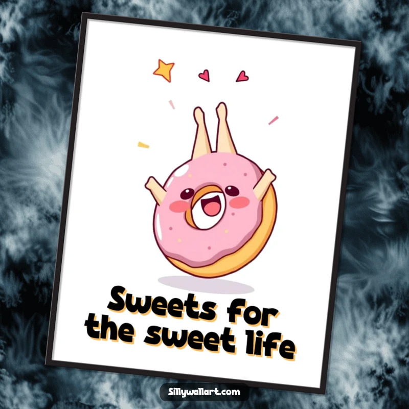 Funny Free Printable Wall Art: A joyful, frosted donut character is captured mid-somersault, radiating pure happiness and celebratory spirit.