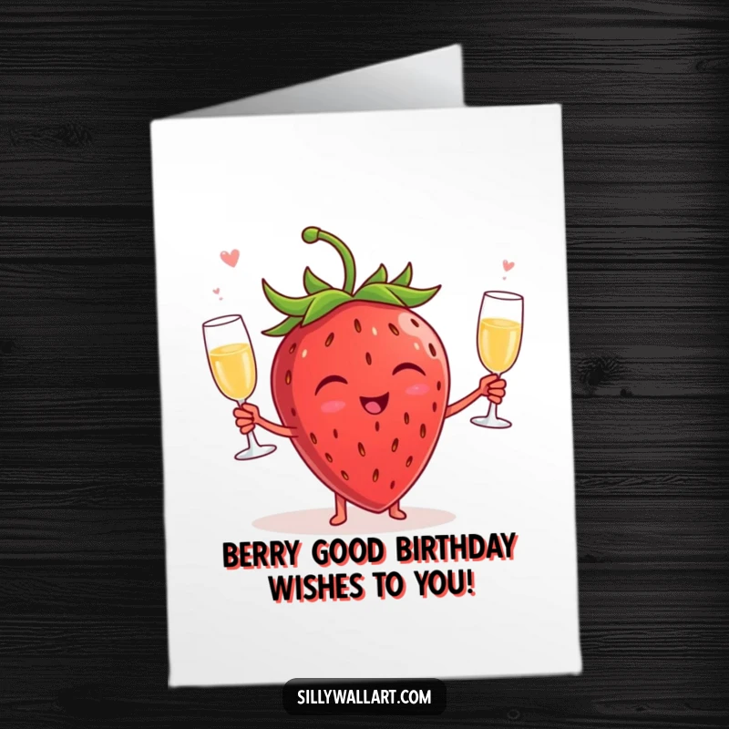 Funny Free Printable Birthday Card: Giggling strawberry character joyfully juggles three tiny champagne glasses, ready for a party.