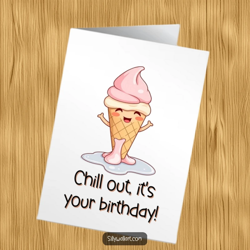 Funny Free Printable Birthday Card of a giggling ice cream cone melting with a shrug, perfect for a cool and humorous birthday wish.