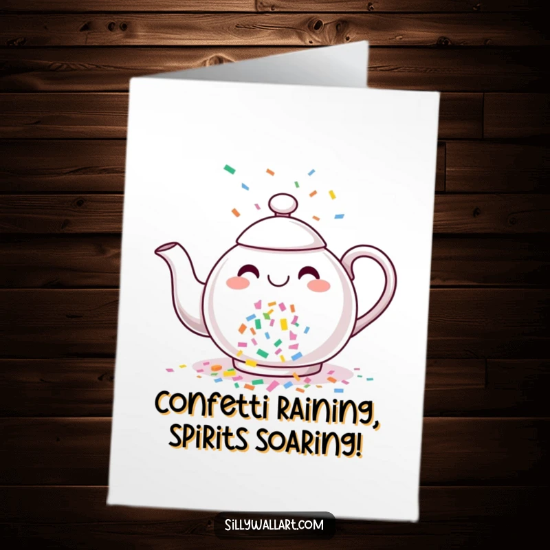 Funny Free Printable Birthday Card: Cheerful teapot enthusiastically pouring a vibrant cascade of confetti for a festive celebration.