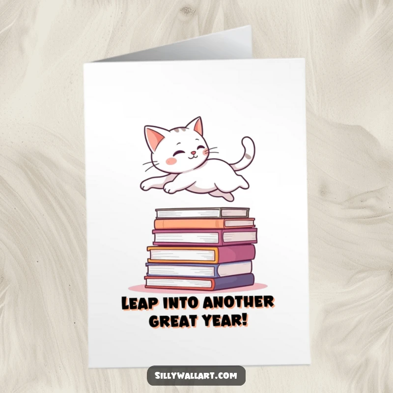 Funny Free Printable Birthday Card: A sleek cat leaps gracefully over a tall stack of colorful books.