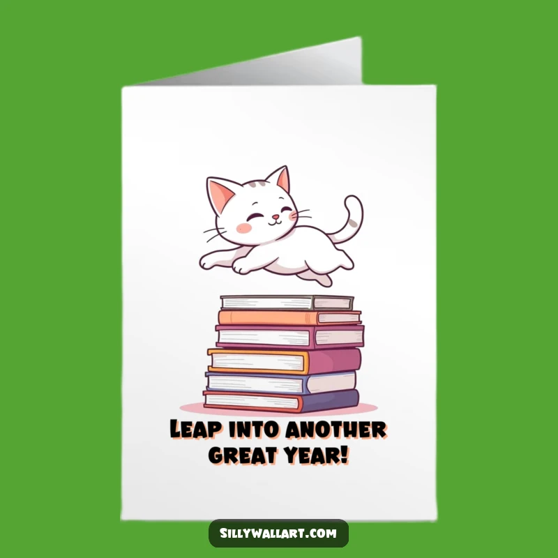 Free Printable Birthday Card: Graceful Cat Leap, Funny Downloadable Gift for Book Lovers