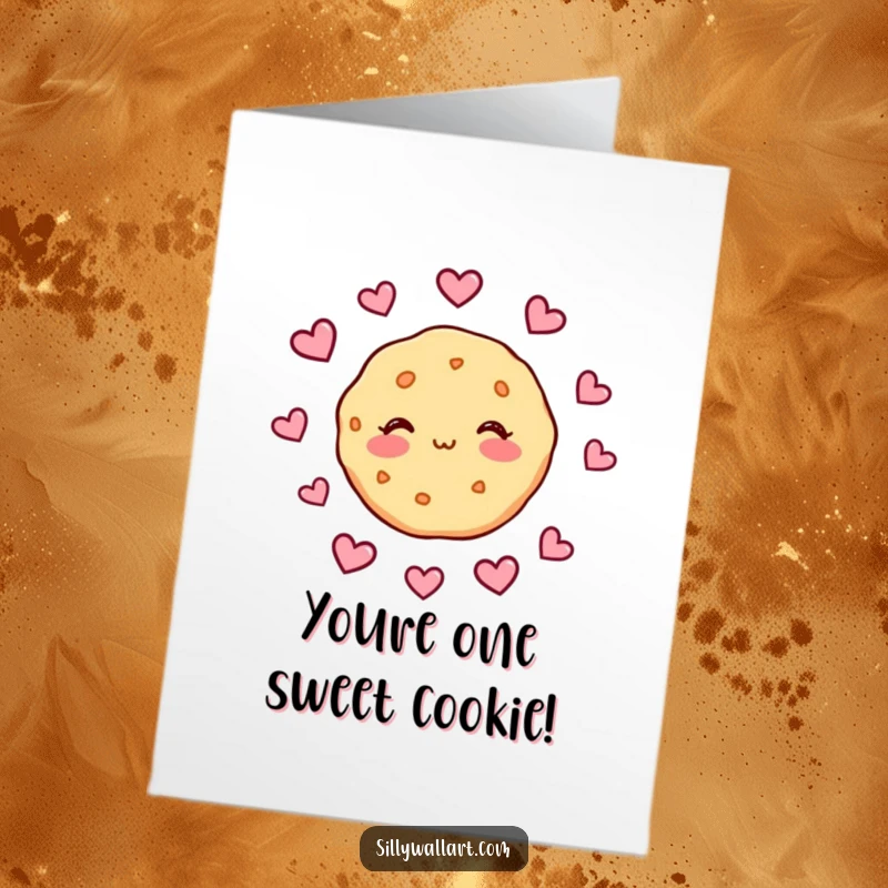 Funny Free Printable Birthday Card: A cute cookie character blushes deeply, with heart shapes gently floating around it, expressing affection.