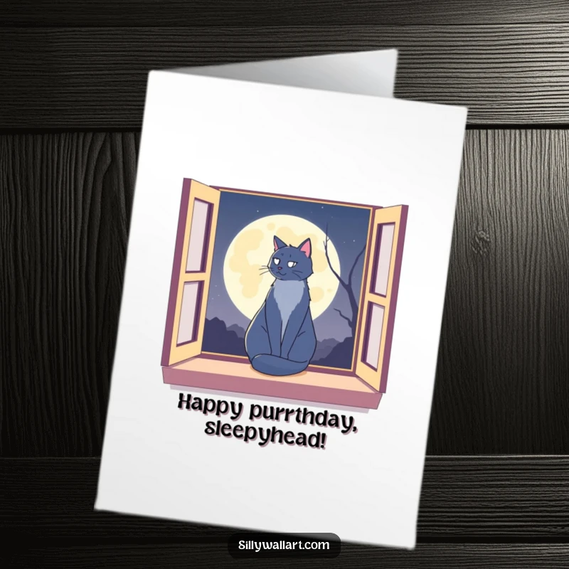 Funny Free Printable Birthday Card: a cat silhouetted on a window sill against a full moon, wishing happy birthday.
