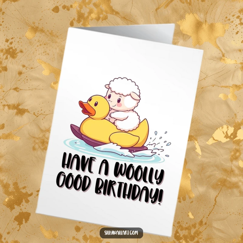 Funny free printable birthday card showing a fluffy sheep joyfully waterskiing behind a giant yellow rubber duck.