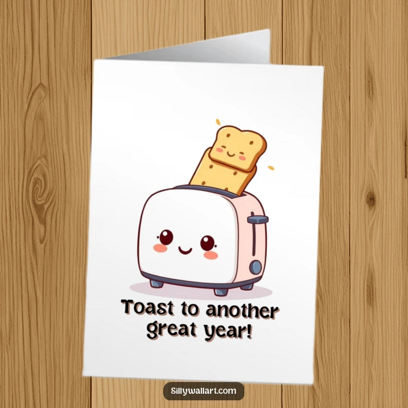 Funny free printable birthday card showing a smiling toaster launching a piece of golden toast high into the air.
