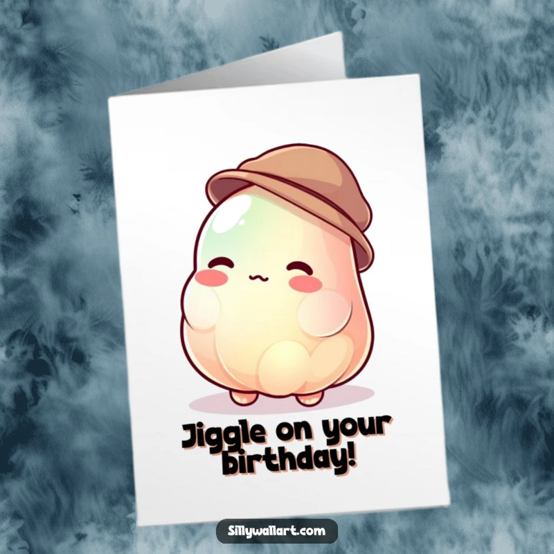 Funny Free Printable Birthday Card: Jiggling jelly blob uncontrollably trying to wear a tiny hat on a birthday card.