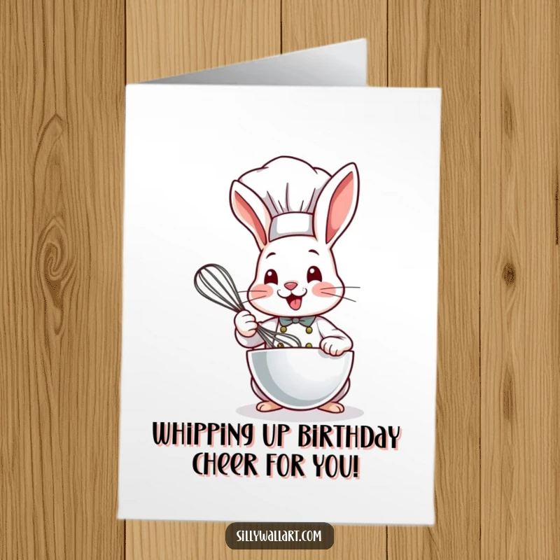 Funny free printable bunny chef card, a cute bunny in a chef hat joyfully whisking batter with a big smile.