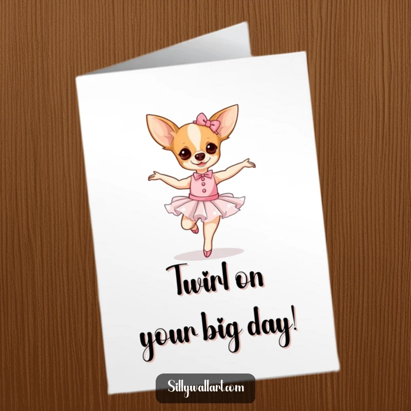 Funny free printable birthday card of a chihuahua in a tutu attempting a wobbly pirouette, hilariously off-balance.