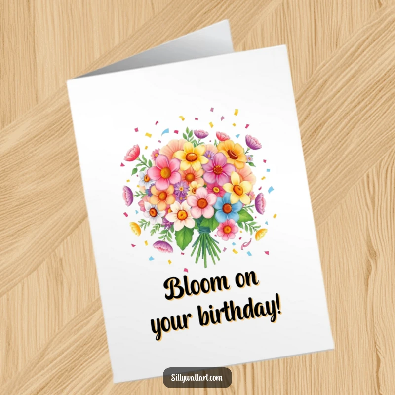 Funny Free Printable Birthday Card: A joyful bouquet of flowers happily spreading colorful confetti for a birthday celebration.