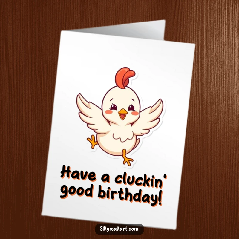 Funny Free Printable Birthday Card: A rubber chicken with tiny wings joyfully tries to fly, celebrating a birthday.