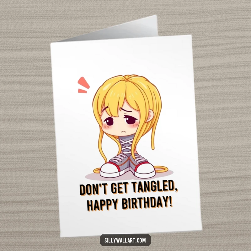 Funny Free Printable Birthday Card: A spaghetti noodle struggles to tie its shoelaces, representing birthday chaos.