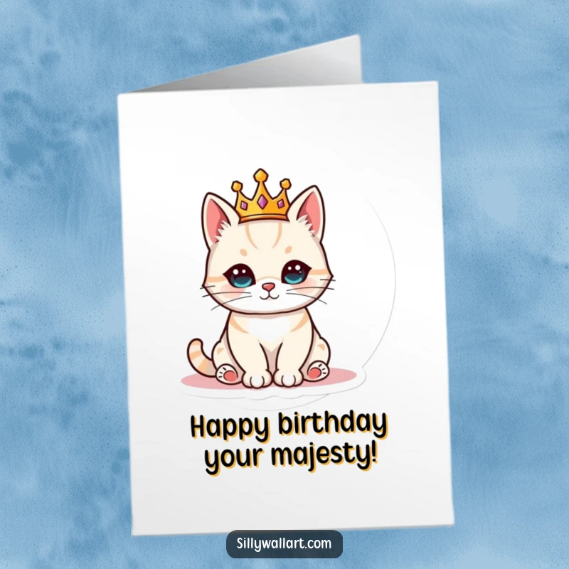 Funny Free Printable Birthday Card: a cat donning a tiny crown sits regally, delivering a hilarious royal birthday wish.