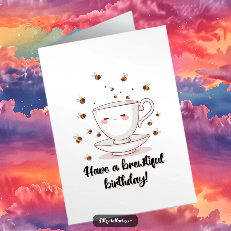 Funny Free Printable Birthday Card: A teacup comically juggling a swarm of tiny, buzzing bees.