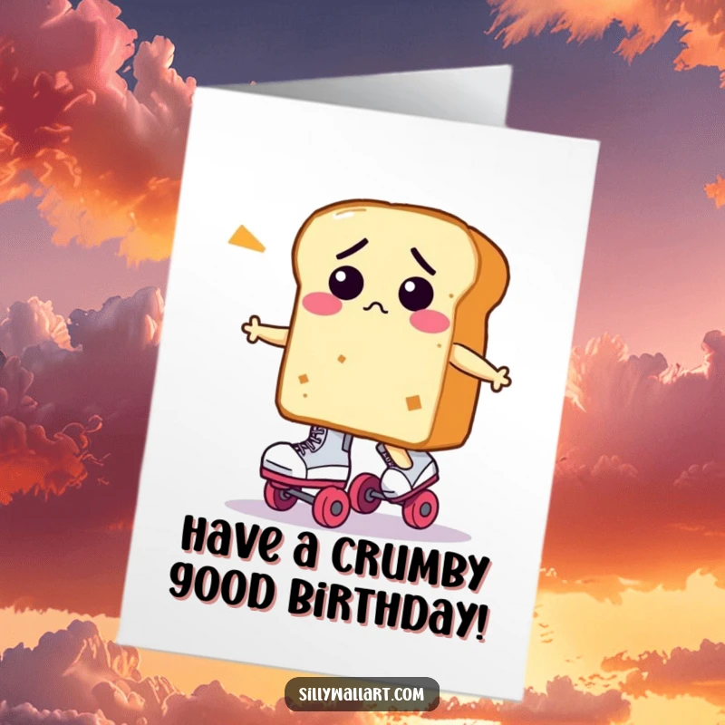 Funny Free Printable Birthday Card: A loaf of bread looking bewildered while trying to put on roller skates.