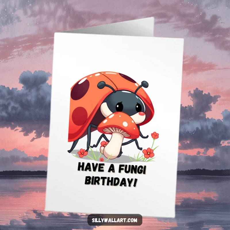 Funny Free Printable Birthday Card of a shy mushroom peeking from behind a giant, laughing ladybug, perfect for a humorous birthday wish.