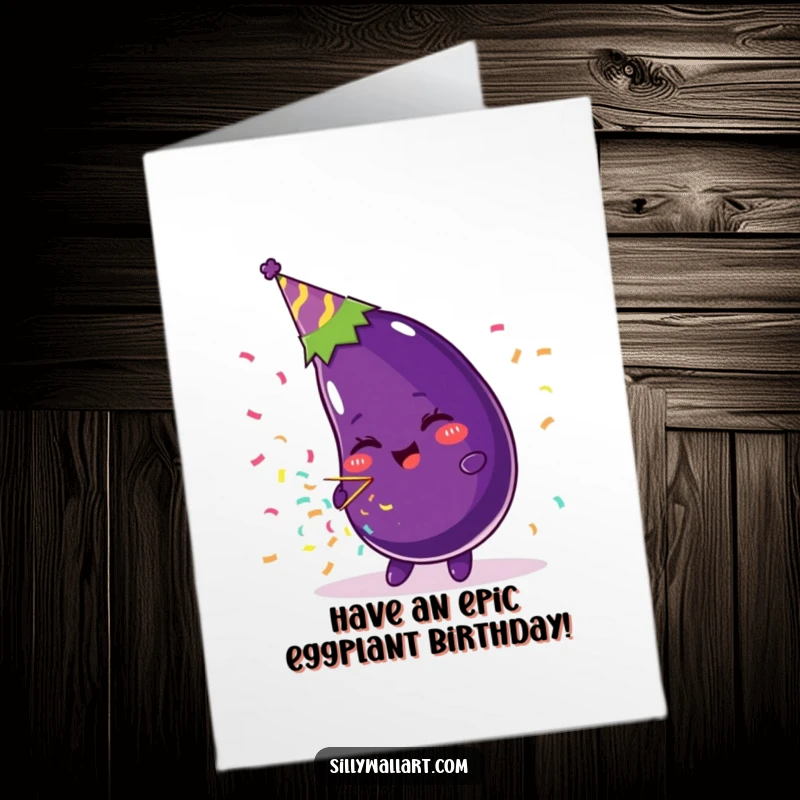 Funny Free Printable Birthday Card: A beaming eggplant in a party hat joyfully pops a confetti popper for a birthday.
