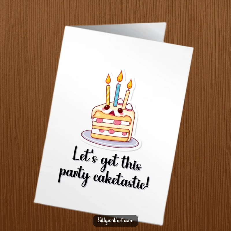 Funny Free Printable Birthday Card: A surprised cake slice with candles floats upwards like balloons, wishing a happy birthday.