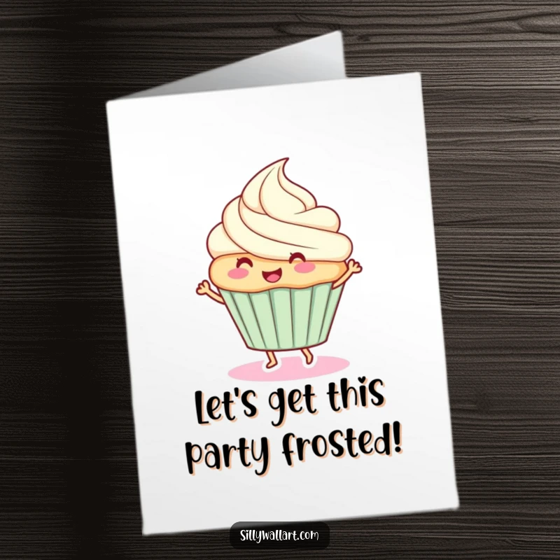 Funny Free Printable Birthday Card: A joyful cupcake energetically doing a happy dance, spreading birthday cheer.