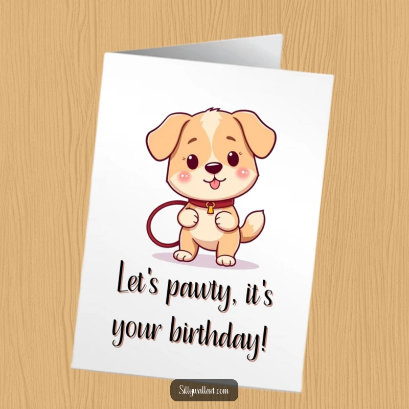 Funny Free Printable Birthday Card: An excited dog with a wagging tail holds a leash, ready for birthday adventures.