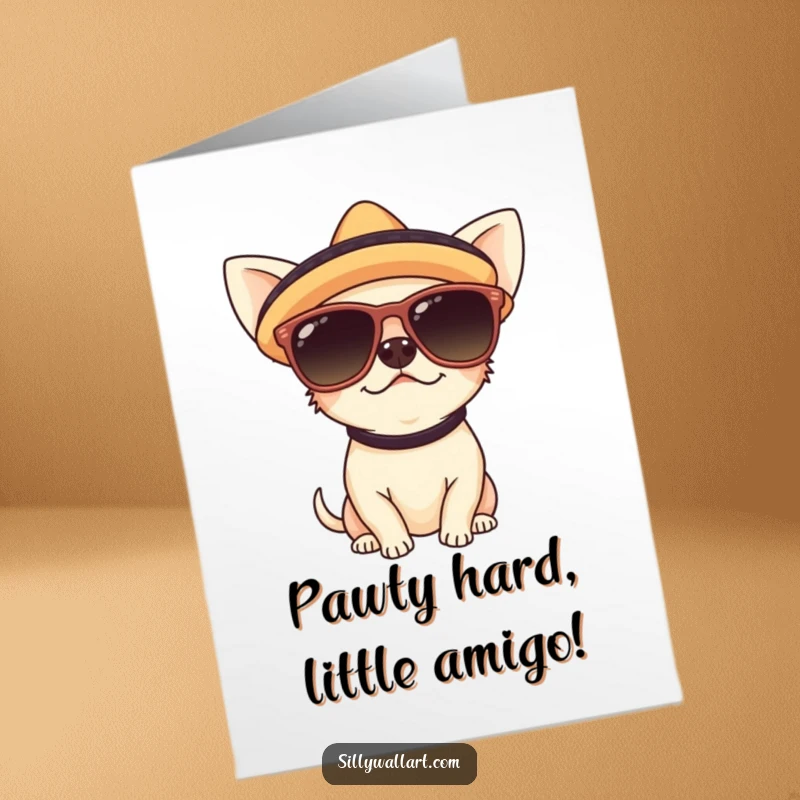 Funny Free Printable Birthday Card: Adorable chihuahua sports oversized sunglasses and a tiny sombrero, ready to party for your birthday.