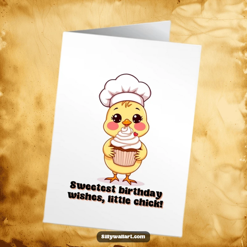 Funny free printable chick chef card, a sweet chick chef proudly presents a beautifully decorated cupcake with a flourish.