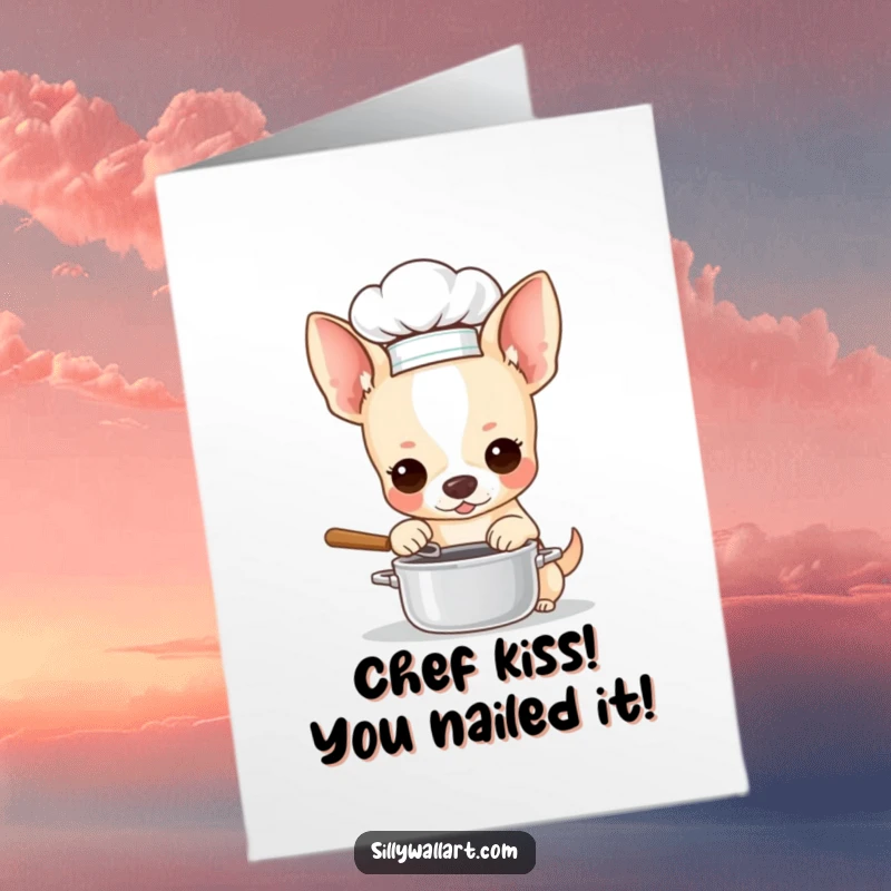 Funny Free Printable Congrats Card: Chihuahua in chef hat stirring a miniature pot, celebrating a successful creation.