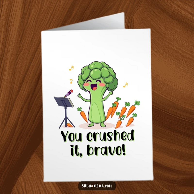 Funny Free Printable Congratulations Card: A singing broccoli leads a carrot orchestra, celebrating a successful performance.