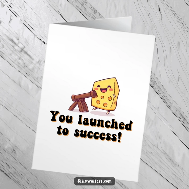 Funny free printable congratulations card: a grinning piece of cheese is launched from a catapult, signifying a win.