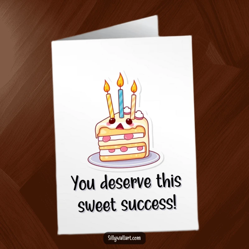Funny Free Printable Congrats Card: A surprised cake slice with candle balloons floats, celebrating success with whimsical charm.