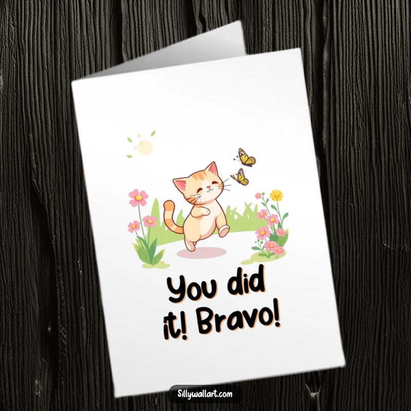 Funny Free Printable Congratulations Card: A cat playfully chases a butterfly amidst a sunny garden, celebrating your big win.