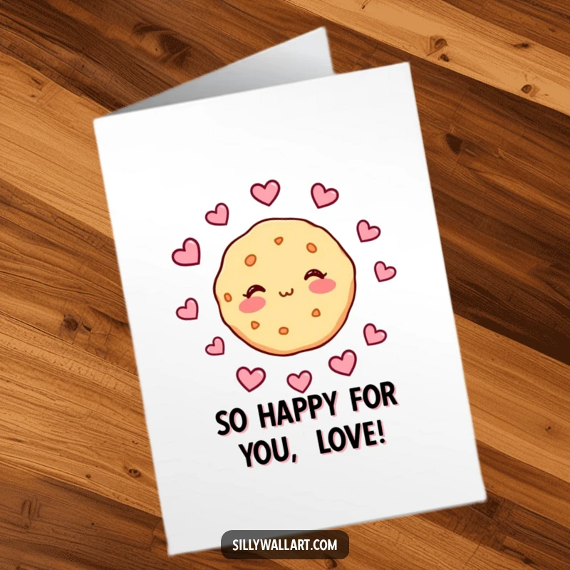 Funny Free Printable Congratulations Card: A blushing cookie character is surrounded by floating hearts, joyfully celebrating a couple's special moment.