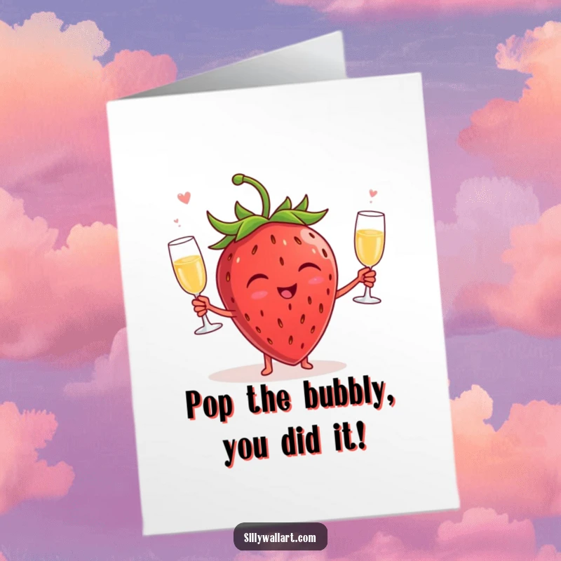 Funny Free Printable Congratulations Card: Giggling strawberry character expertly juggles a trio of small champagne glasses, celebrating a big win.