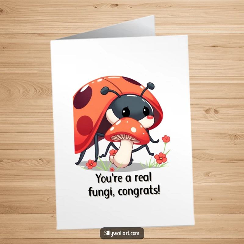 Funny Free Printable Congratulations Card showing a shy mushroom peeking from behind a giant, laughing ladybug, ideal for humorous success wishes.