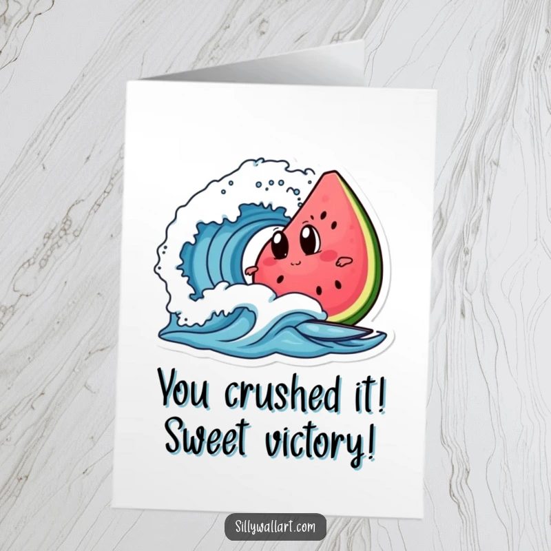 Funny Free Printable Congratulations Card: A slice of watermelon with googly eyes riding a surfboard on a wave.