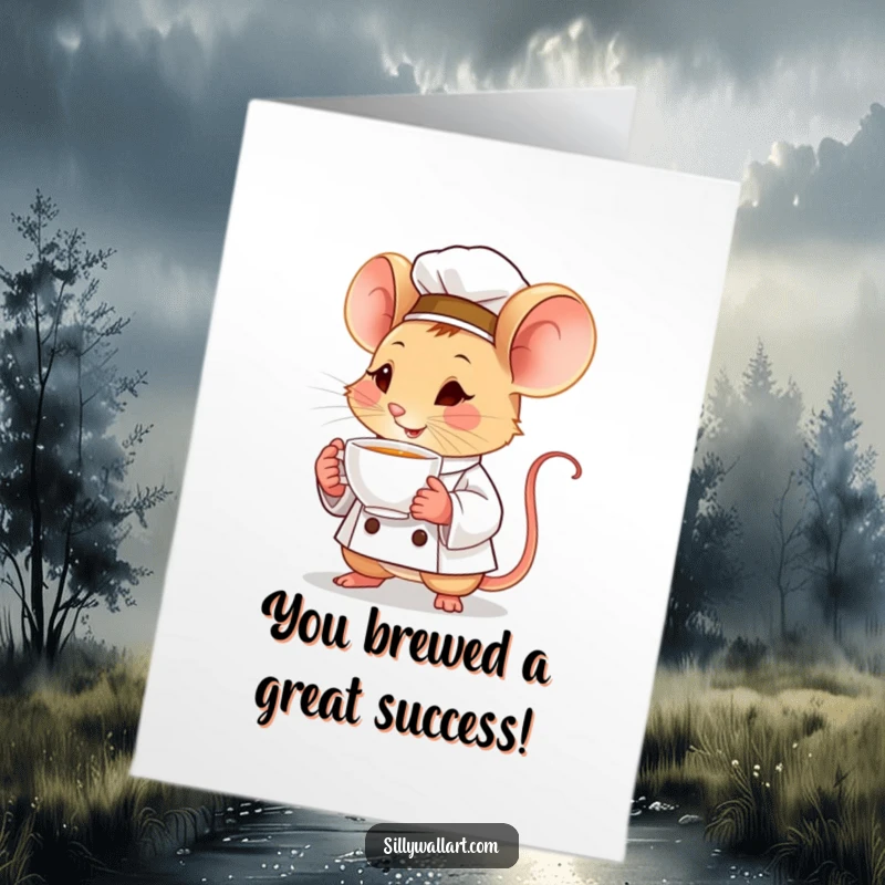 Funny Free Printable Congratulations Card with a determined mouse chef proudly holding a tiny teacup, ideal for a downloadable toast.