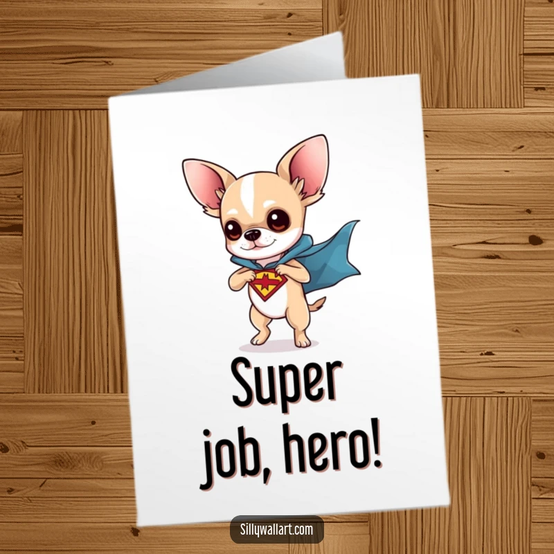 Funny Free Printable Congrats Card: Chihuahua in a superhero cape striking a powerful pose to celebrate success.